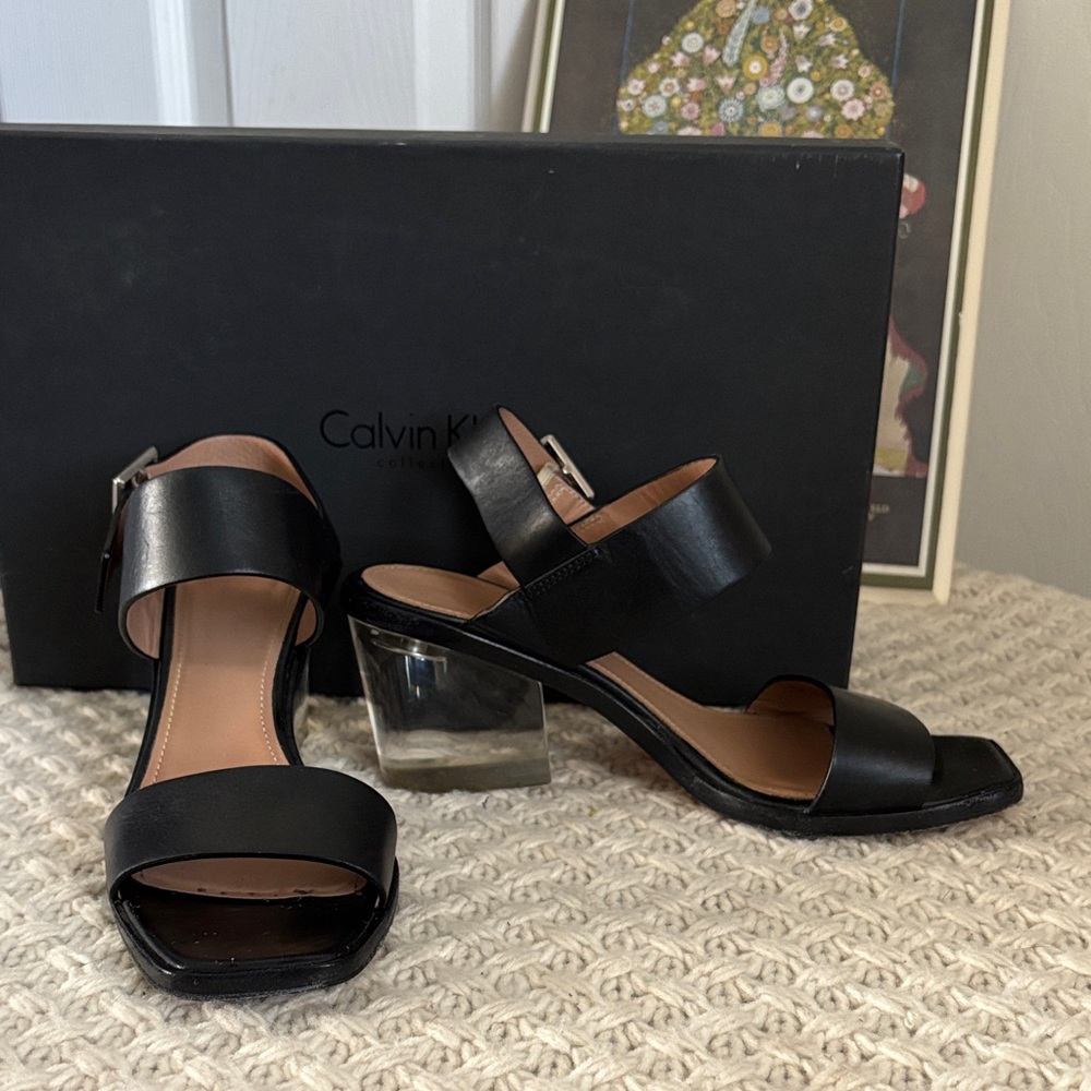 EUC Calvin Klein Collection Gema Calf Sandals with Clear Block Heels